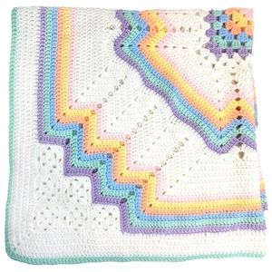 Vintage Pastel Rainbow Granny Afghan Baby Blanket Throw Colorful Rainbow 38x40